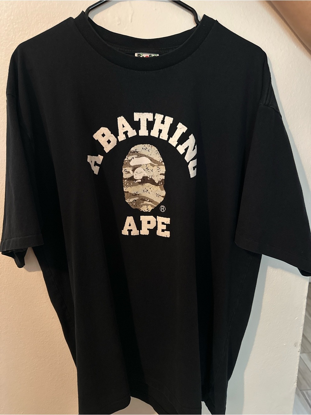 Bape Black Tee with Beige Camo Ape Logo